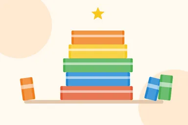 Ilustración de una pila de libros infantiles de colores con una estrella encima