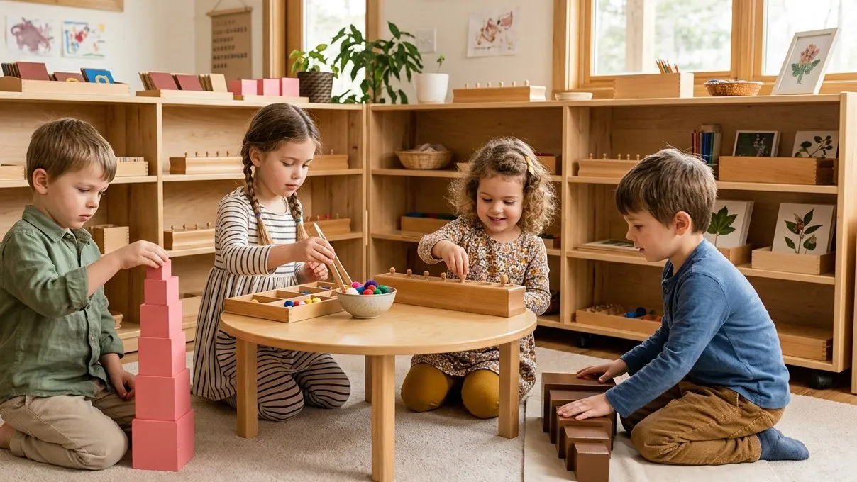 Cuatro niños jugando en el suelo de un aula Montessori con una torre rosa, pinzas y bloques de madera