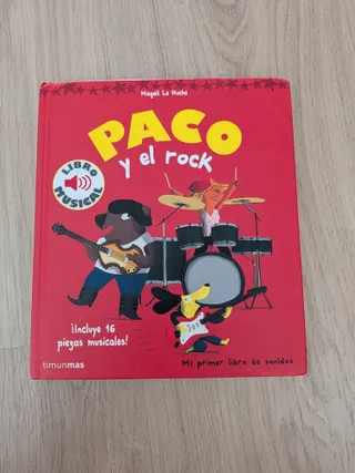 El libro Paco y el rock, rojo, con el perro tocando la guitarra delante de una batería